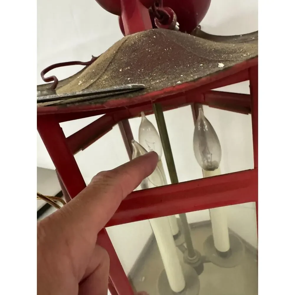 Vtg 1988 Triarch Industries Red Metal Asian Pagoda Hanging Lantern Bell Chimes